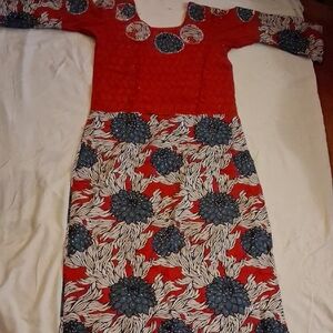 Elegant Red and Blue High Low Dress With Head Wrap African Pattern4 #169p